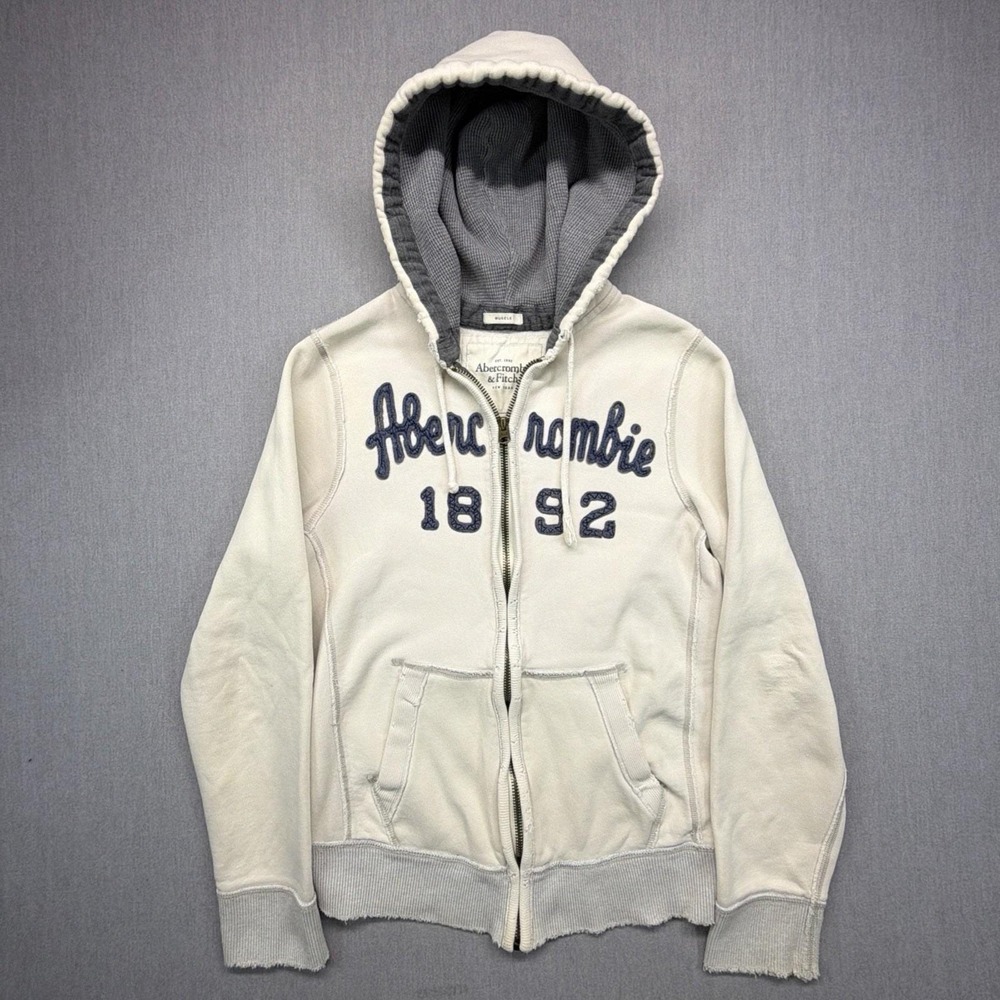 Abercrombie Fitch Men's Cream Cotton Distressed Hoodie‎ Size: L